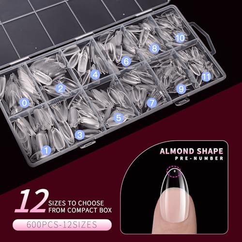 Krofaue 600Pcs Almond Clear Full Cover Press on Nail Tips 12 Sizes Half Matte Finish - Image 4