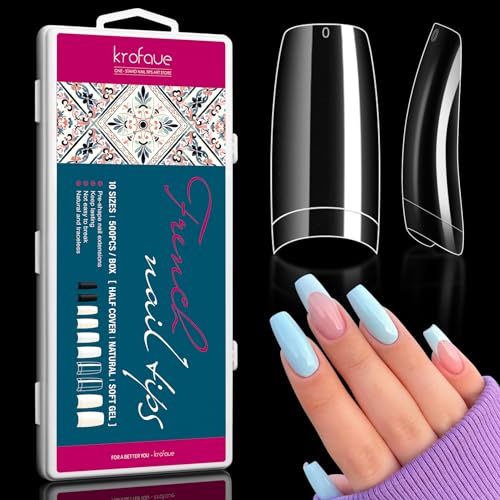 krofaue Clear Nail Tips - 500PCS Half Cover False Nails Tips 10 Sizes French Nails Tips Lady French Style Soft Gel Artificial Tip Manicure with Box for Nail Tips Art Salons and Home DIY