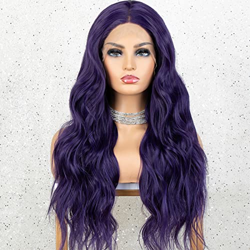 K'ryssma 22 Inch Long Wavy Purple Synthetic Lace Front Wig for Women Middle Part - Image 7