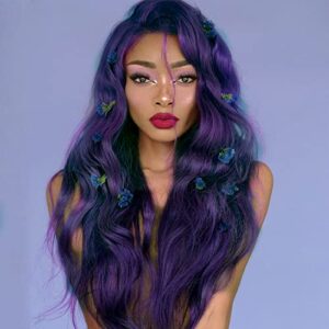 K'ryssma 22 Inch Long Wavy Purple Synthetic Lace Front Wig for Women Middle Part
