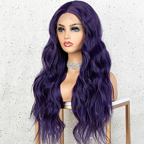 K'ryssma 22 Inch Long Wavy Purple Synthetic Lace Front Wig for Women Middle Part - Image 2