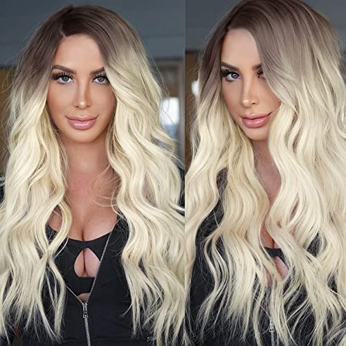 Kryssma Long Wavy Ombre White Synthetic Wig for Women, Adjustable Cap