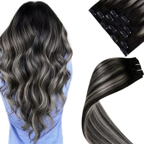 LaaVoo 20 Inch Black Ombre Silver Grey Balayage Straight Human Hair Clip-In Extensions 80g 5pcs