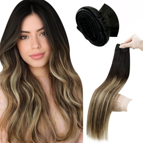 LaaVoo Ombre Black Weft Hair Extensions 20inch Natural Black Ombre Remy Human Hair Weft Extensions Hand Tied Sew in Hair Extensions Real Human Hair Long Straight Double Weft for Women