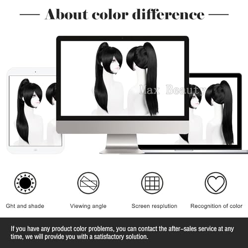 LABEAUTÉ 28 inch Long Straight Black Cosplay Wig with Ponytail and Bangs, Heat Resistant Synthetic Fiber, Includes Wig Cap - Image 6