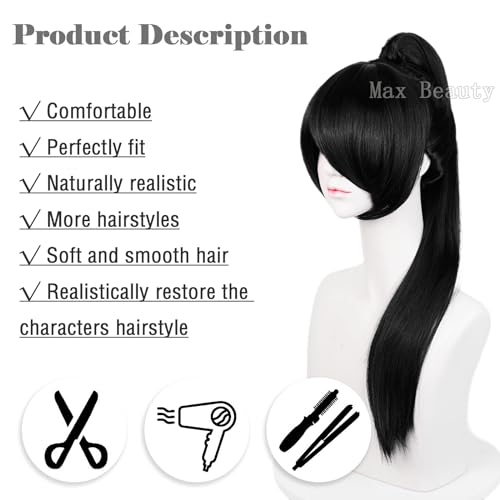 LABEAUTÉ 28 inch Long Straight Black Cosplay Wig with Ponytail and Bangs, Heat Resistant Synthetic Fiber, Includes Wig Cap - Image 3