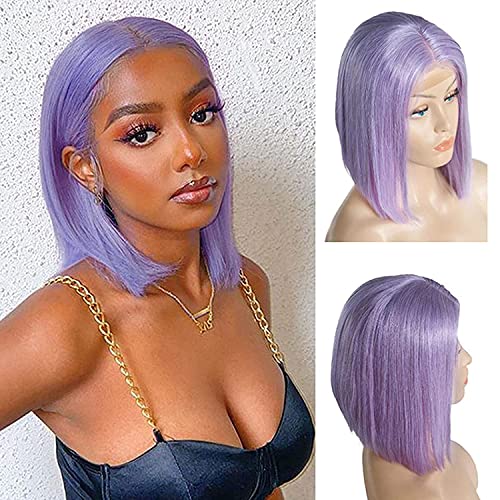 Lace Front Short Bob Wigs Human Hair 150% Density Middle Part Slight Bleached Knots with Baby Hair Brazilian Virgin Remy Hair Purple Color 150% Density Full Thick Ends 12 inch Straight