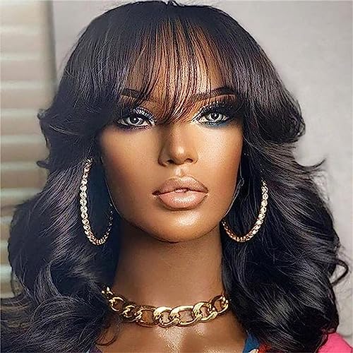 Lace Front Wigs Black Short Bob Wave with Bangs Glueless Natural hairline Pre Plucked Synthetic Hair Heat Resistant Fiber Wig For Black Women 14inches
