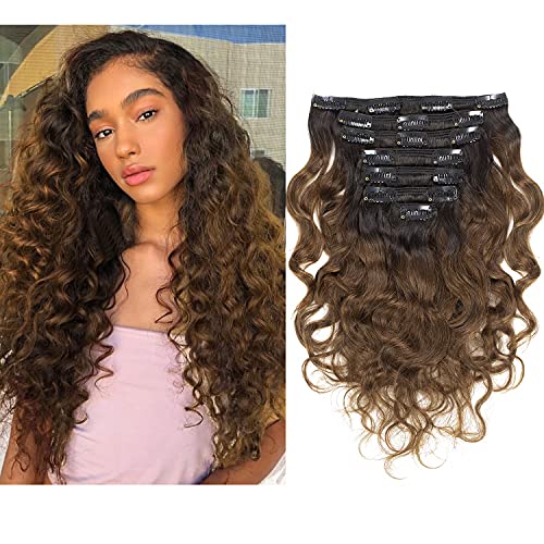LacerHair Ombre Two Tone Natural Wave Human Hair Curly Clip in Hair Extensions 16Inch 120G 7Pcs Double Weft Natural Black Fading into Chocolate Brown Clips in Full Head Wavy Thick Real Remy Hair