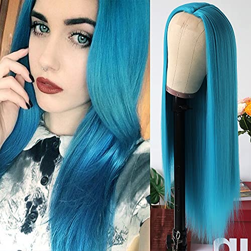 Lake Blue Silky Straight Synthetic Wig for Women, 24 Inch, Heat Resistant