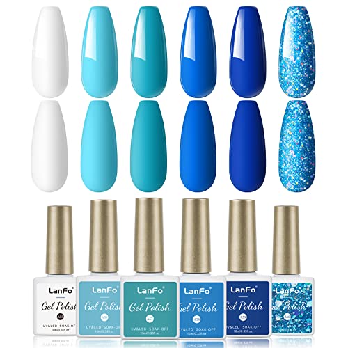 LanFo 6-Color Blue Glitter Gel Nail Polish Set for Home DIY Manicure
