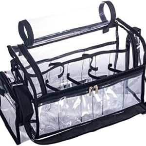 Large Professional Free Standing Clear PVC Makeup Artist Set Bag Transparent Makeup Brush Buddy Make up Kits Organizer Carry All MUA Travel Cosmetic Bag with 8 Dividers and Tissue Holder