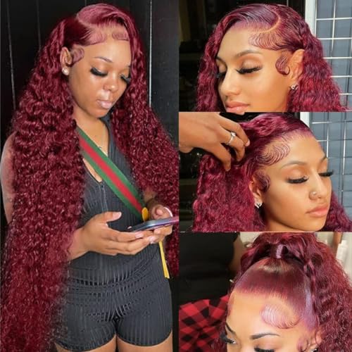 Larhali 99J HD Lace Front Wigs Human Hair Pre Plucked 250% Density Burgundy 13x6 Deep Wave Frontal Wigs Natural Hairline Human Hair Wigs for Black Women(32 Inch)