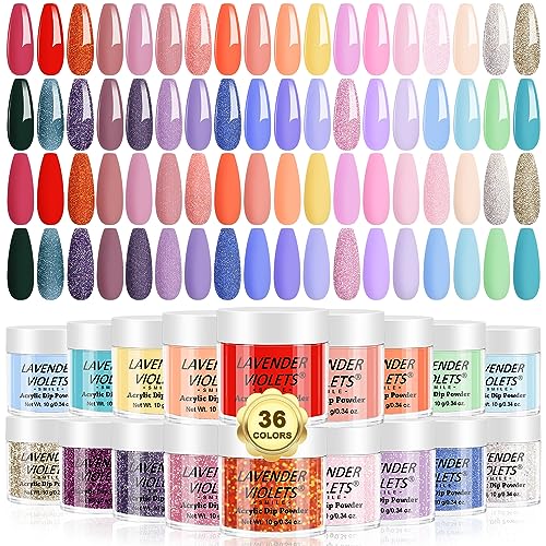 Lavender Violets 36 Colors Dip Nails Powder Starter Kit Purple Pink Green Blue Orange and Red Glitter Acrylic Dipping Nail Powder Set for Beginners and Professionals Dip Manicure DIY M957