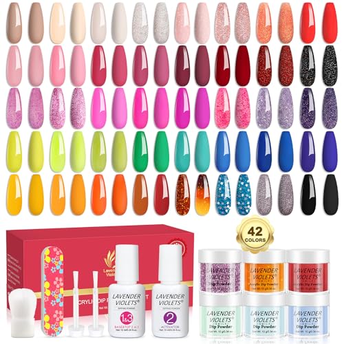 Lavender Violets 42 Colors Dip Powder Nail Kit Starter Yellow Orange Red Nude Pink Blue Green Brown Dipping Powder Set for Home Salon Dip Manicure