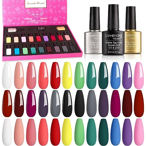 Lavender Violets Gel Nail Polish Kit - 18+3 Colors Classic Red Green Pink Blue Soak-off UV LED Nail Gel with Base, Matte and Glossy Top Coat F997