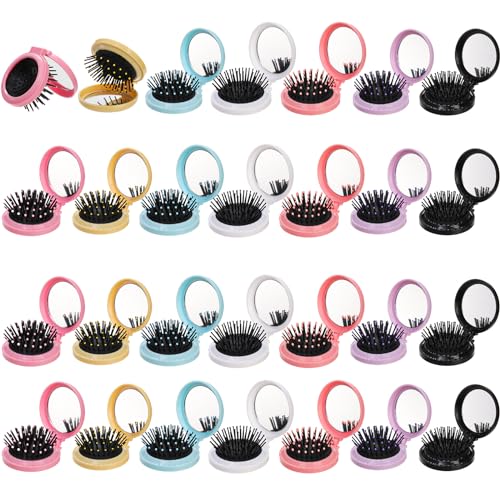 Lawei 28 Pack Folding Travel Hair Brushes with Mirror, Round Mirror Portable Pocket Hair Brush, Mini Mirror with Hairbrush for Purse, Colourful Hair Comb Compact Hair Massage Comb for Women Girls