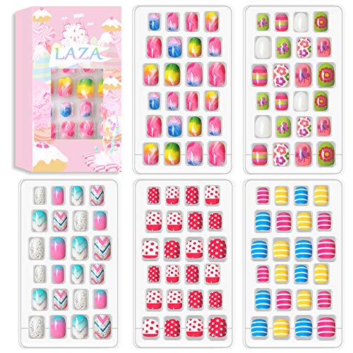 Laza 120pcs Children Nails Press On Pre-glue Full Cover Nail Tip Kit Glitter Gradient Color Rainbow Short Artificial False Nail Kits Lovely Christmas Gift for Children Kids Girls - Song of Summer