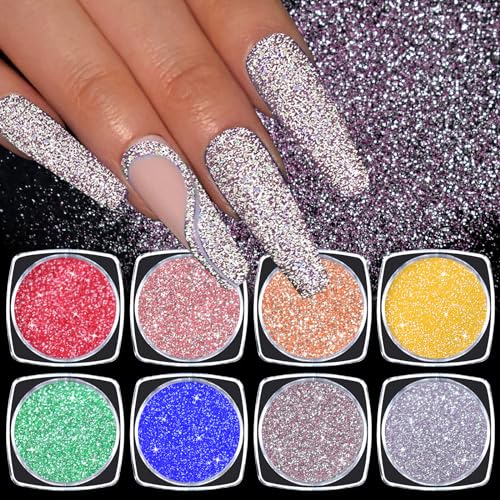 Laza 8 Color Nail Powder Set Holographic Glitter for Acrylic Nail Art Decoration