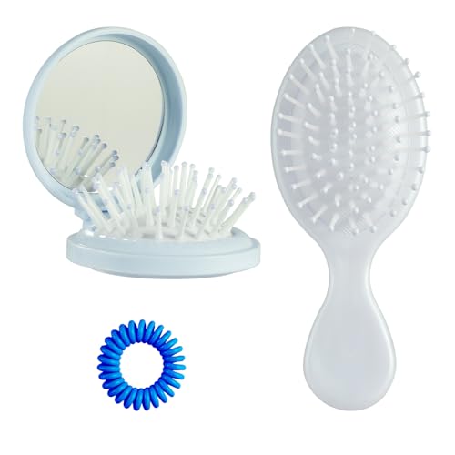 Light Blue Pocket Detangling Travel Hair Brush Set with Mirror for Wet and Dry Hair