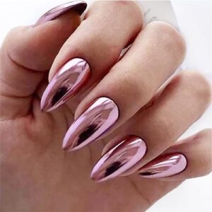 Light Pink Chrome Press on Nails Medium Almond, Solid Color Fake Nails with Bling Design, Gel Glue on Nails for Daily Party Wear, Glossy Mirror Metal Acrylic False Nails Stick on Nails for Women Girls