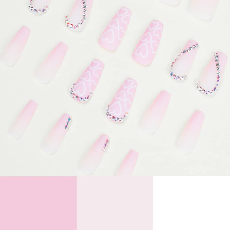 Light Pink Press on Nails with 3D Rhinestone, Medium Coffin Pink Gradient False Nails Art,Adorable Heart Pattern White Acrylic Matte Stick on Nail LANOVA FN-LT144 - Image 2