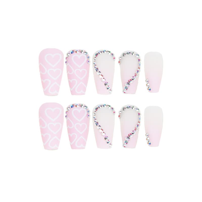 Light Pink Press on Nails with 3D Rhinestone, Medium Coffin Pink Gradient False Nails Art,Adorable Heart Pattern White Acrylic Matte Stick on Nail LANOVA FN-LT144 - Image 5