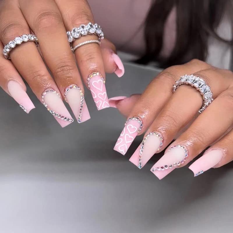 Light Pink Press on Nails with 3D Rhinestone, Medium Coffin Pink Gradient False Nails Art,Adorable Heart Pattern White Acrylic Matte Stick on Nail LANOVA FN-LT144