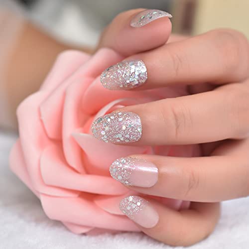 Light Pink Purple Bling Silver Glitter Press On False Nails Medium Oval Fake Nails Nude Pink Artificial Manicure Reusable Acrylic Daily Nail Art Tips Gift for Women Girls