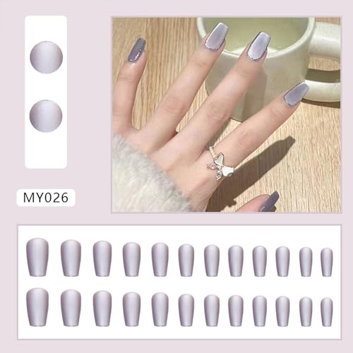 Light Purple Cat Eye Press on Nails Coffin Short Fake Nails Glitter False Nails Full Cover Stick on Nails Acrylic Artificial Nails for Women Girls Glue on Nails 24Pcs - Image 2