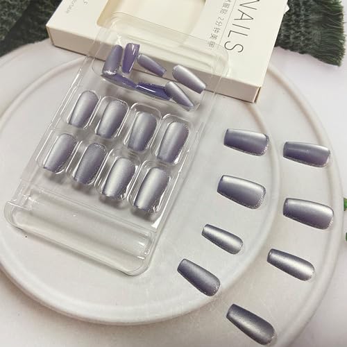Light Purple Cat Eye Press on Nails Coffin Short Fake Nails Glitter False Nails Full Cover Stick on Nails Acrylic Artificial Nails for Women Girls Glue on Nails 24Pcs - Image 4