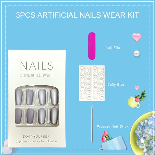 Light Purple Cat Eye Press on Nails Coffin Short Fake Nails Glitter False Nails Full Cover Stick on Nails Acrylic Artificial Nails for Women Girls Glue on Nails 24Pcs - Image 6