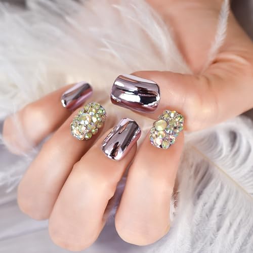 Light Purple with Diamond Deco Press on Nails - iBeautying False Nails - Metallic Mirror Finish Finger Daily Wear Nail - Short Square Reusable Fake Nails