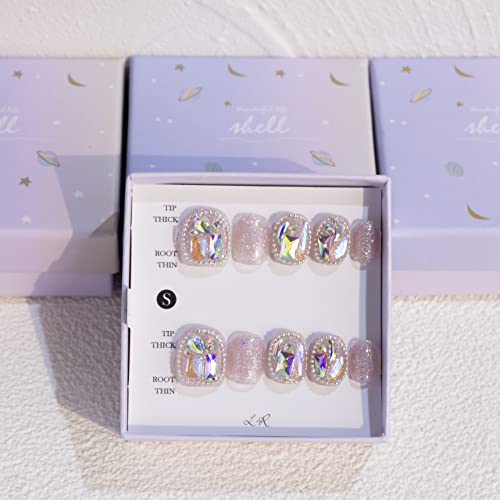 Light Rain Cute Press on Nails - Sugar, 3D Handmade with Pink Rhinestones Reusable Gel UV Finished False nails, Hand-Painted Fake Nails with Design by Professional Manicurist, Short Square, Small Size
