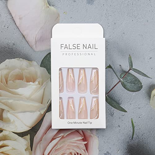 Line Press on Nails Long luxurious Fake Nails Acrylic French Ballet Gold Line Nude Marble Exquisite Design Fashion Nail Decoration for Nails for Women and Girls 24Pcs - Image 2