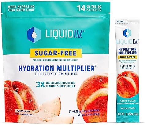 Liquid I.V. Sugar-Free Hydration Multiplier - White Peach – Hydration Powder Packets | Electrolyte Powder Drink Mix | Easy Open Single-Serving Sticks | Non-GMO | 1 Pack (14 Servings)