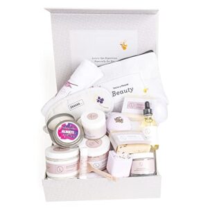 Lizush Luxury Spa Gift Basket And Self Care Gifts For Women With Lavender And Himalayan Soap Bar, Eye Mask, Cosmetic Bag, Lavender Bath Salt, Scrub, Shea Butter, Body Oil, Bath Bomb - 15 Piece Set
