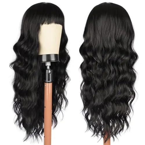 26-Inch Long Black Curly Wavy Synthetic Wig with Bangs for Daily Wear - Image 3