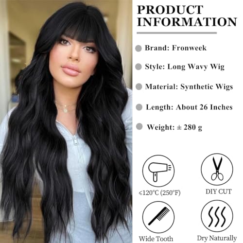 26-Inch Long Black Curly Wavy Synthetic Wig with Bangs for Daily Wear - Image 2