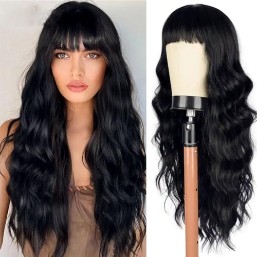 26-Inch Long Black Curly Wavy Synthetic Wig with Bangs for Daily Wear