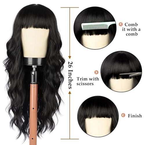 26-Inch Long Black Curly Wavy Synthetic Wig with Bangs for Daily Wear - Image 6