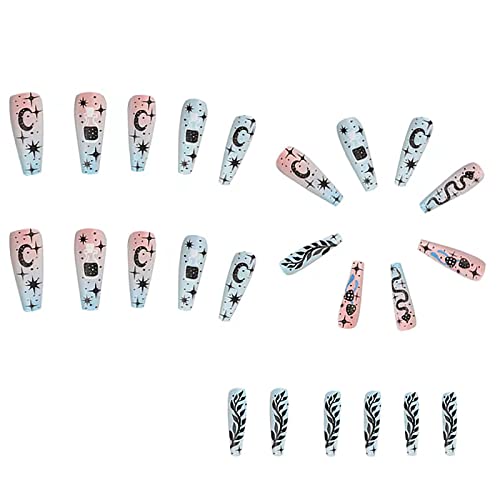 24 Pcs Long Coffin Ballerina Press On Nails Snake Stars Moon Design Set - Image 3