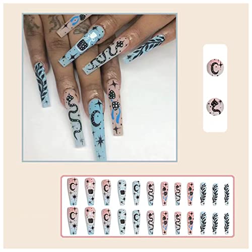 24 Pcs Long Coffin Ballerina Press On Nails Snake Stars Moon Design Set - Image 2