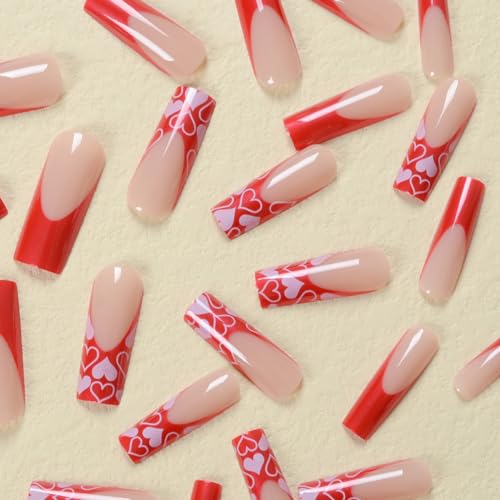 Long Coffin Press on nails French Tip Fake Nails Acrylic False Nails Pink Heart Exquisite Luxury Design Ballerina Nail Tips Romantic Valentine's day Nail Decoration for Women, Extra Long French Nails - Image 2