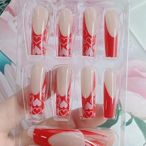Long Coffin Press on nails French Tip Fake Nails Acrylic False Nails Pink Heart Exquisite Luxury Design Ballerina Nail Tips Romantic Valentine's day Nail Decoration for Women, Extra Long French Nails - Image 3