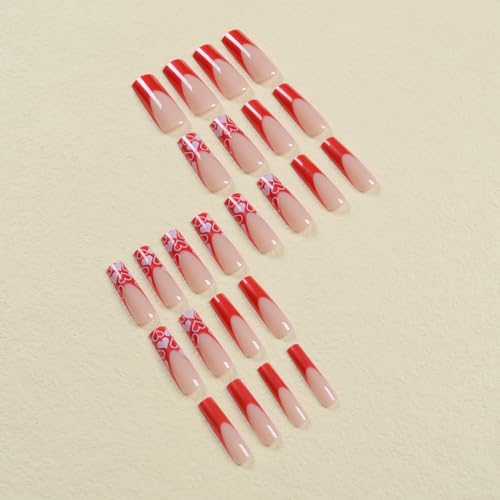 Long Coffin Press on nails French Tip Fake Nails Acrylic False Nails Pink Heart Exquisite Luxury Design Ballerina Nail Tips Romantic Valentine's day Nail Decoration for Women, Extra Long French Nails - Image 4