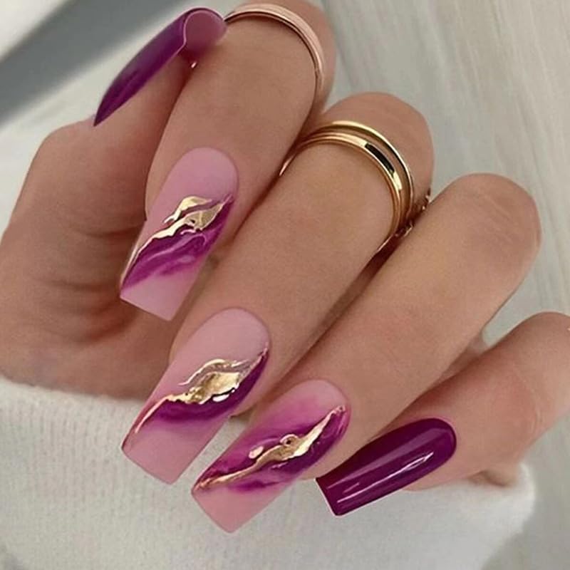 Long Coffin Purple Burgundy Marble Press On Nails Acrylic Kit 24pc With Glue