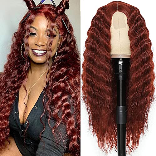 Long Deep Wave Wig 28" Synthetic Curly Wigs 4" Fake Scalp Curly Lace Front Wigs for Women Natural Crimps Curls, 350#