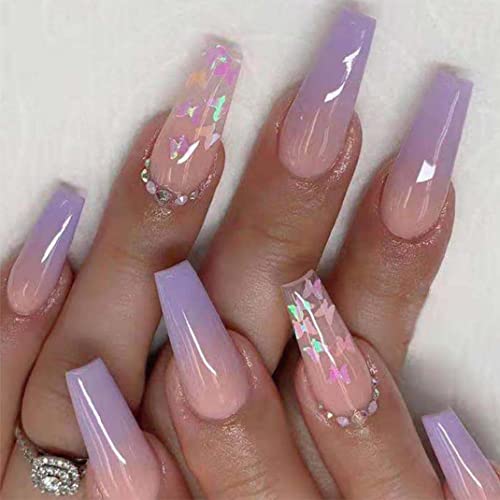 Long Fake Nails French Tip Press on Nails Coffin Stick on Nails with Butterfly Design Purple Nails for Women