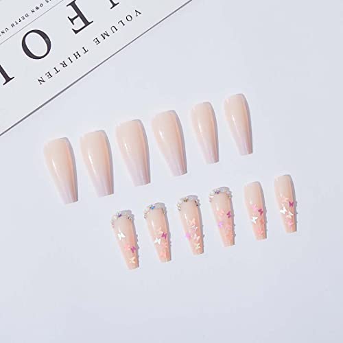 Long Fake Nails French Tip Press on Nails Coffin Stick on Nails with Butterfly Design Purple Nails for Women - Image 3